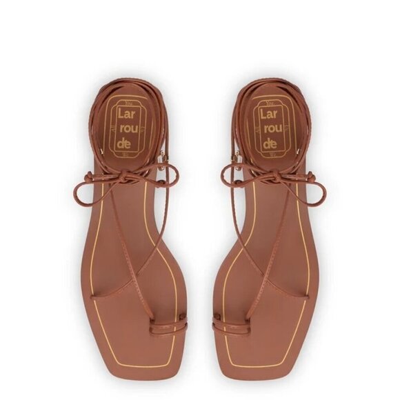 Larroude Portofino Flat Sandals in Caramel Leather 6 With Box Womens Wrap Slides - Picture 5 of 16